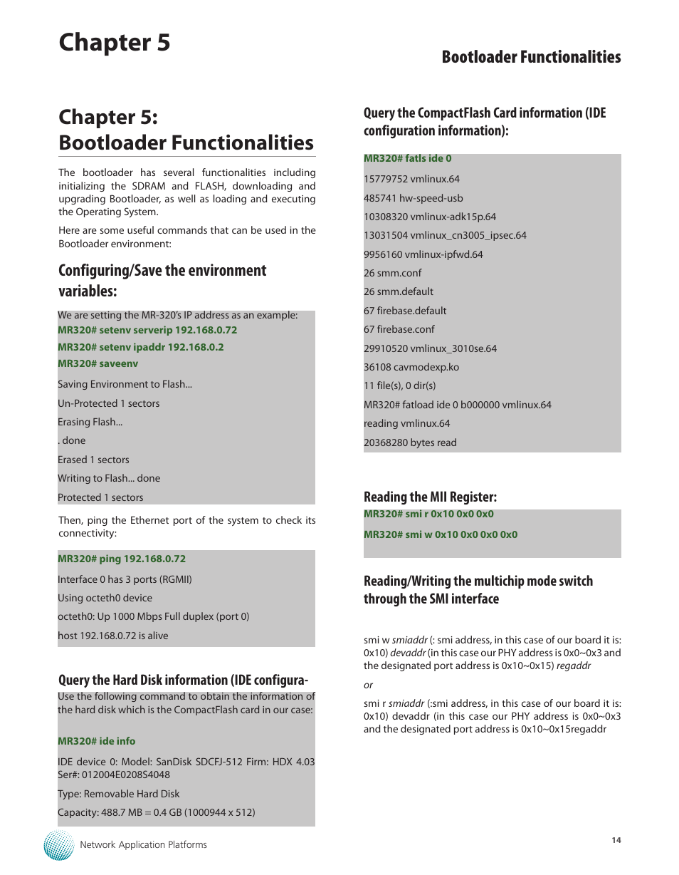 Chapter 5: bootloader functionalities, Configuring/save the environment variables, Reading the mii register | Chapter 5, Bootloader functionalities | Lanner MR-320 User Manual | Page 17 / 20