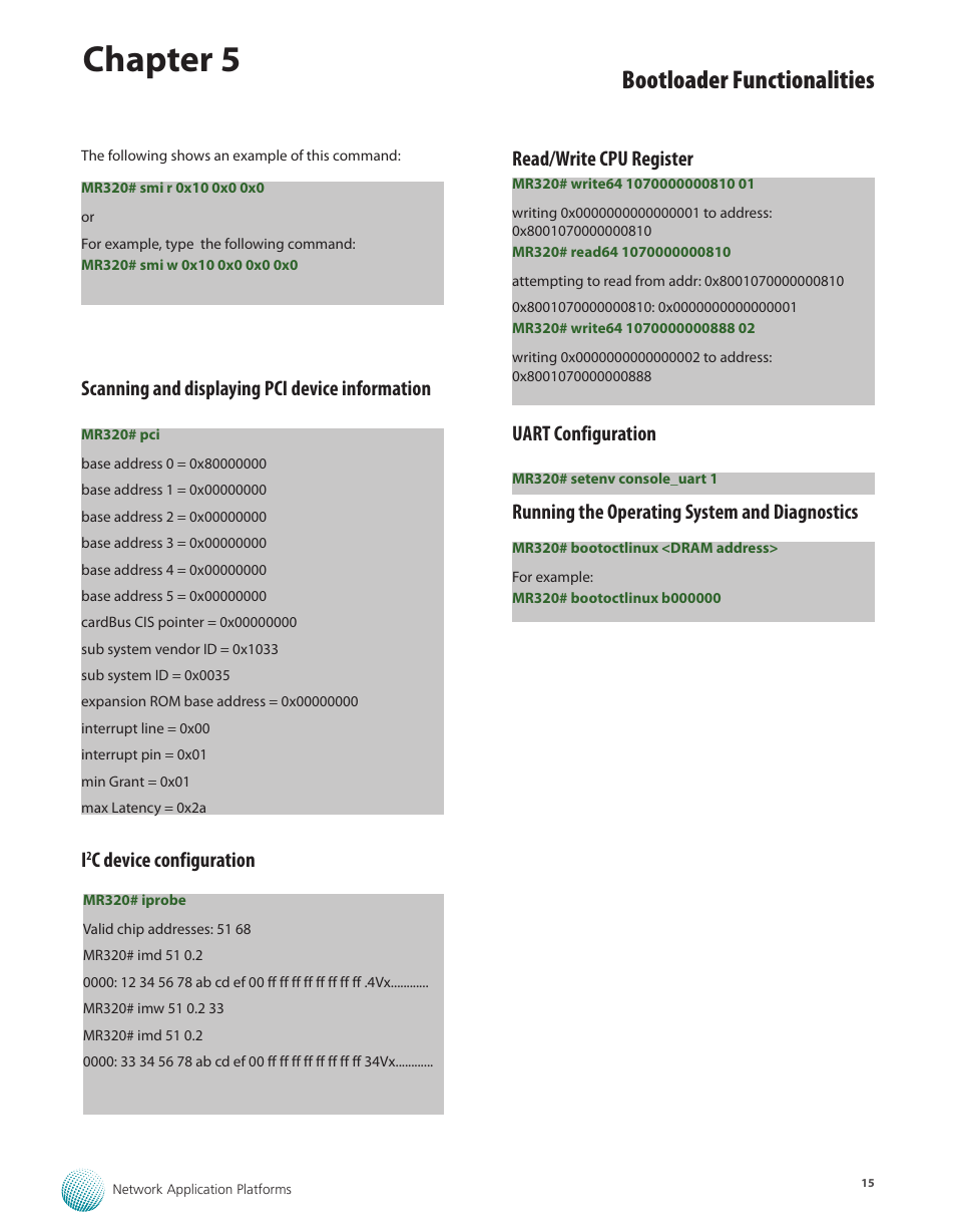 Scanning and displaying pci device information, I2c device configuration, Read/write cpu register | Uart configuration, Running the operating system and diagnostics, Scanning and displaying pci device information i, C device configuration, Chapter 5, Bootloader functionalities | Lanner MR-320 User Manual | Page 18 / 20