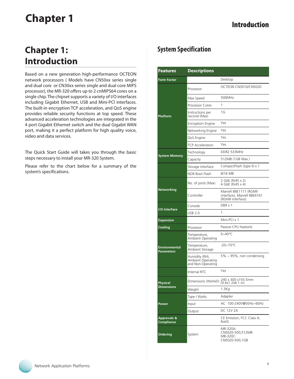 Chapter 1: introduction, System specification, Chapter 1 | Introduction | Lanner MR-320 User Manual | Page 4 / 20
