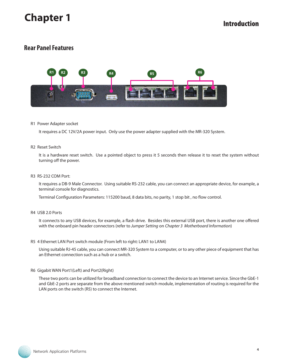 Rear panel features, Chapter 1, Introduction | Lanner MR-320 User Manual | Page 7 / 20