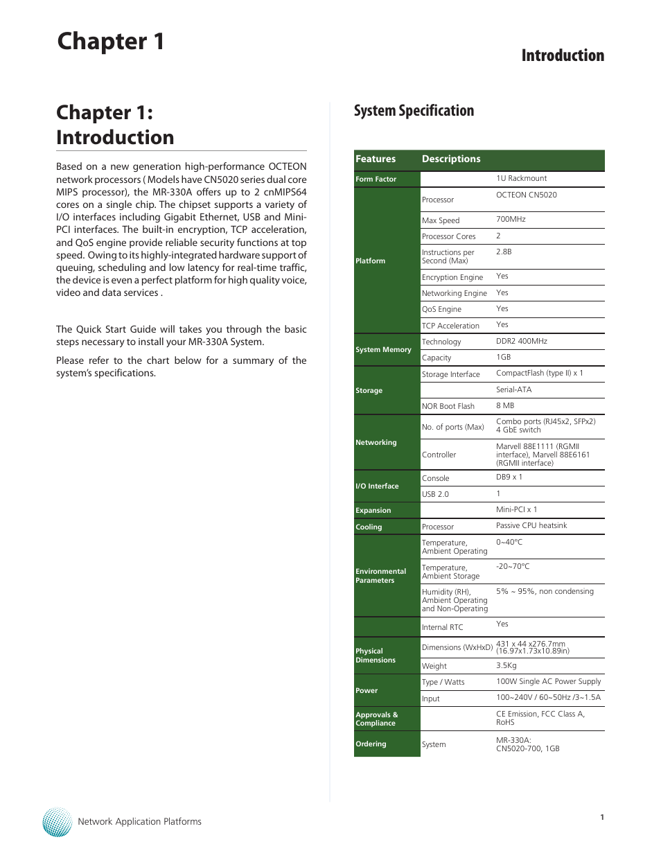 Chapter 1, Chapter 1: introduction, Introduction | System specification | Lanner MR-330A User Manual | Page 3 / 16