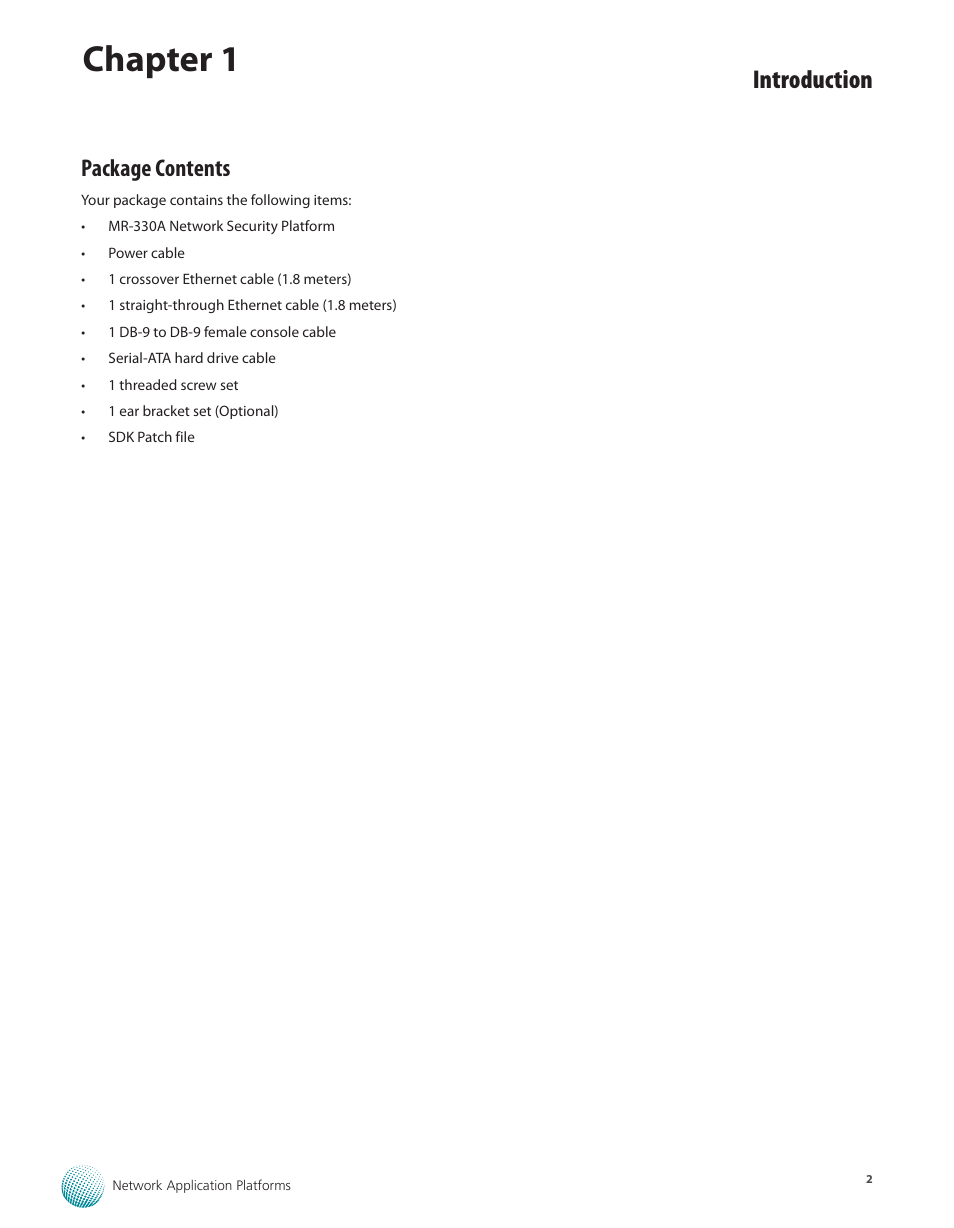 Chapter 1, Introduction, Package contents | Lanner MR-330A User Manual | Page 4 / 16