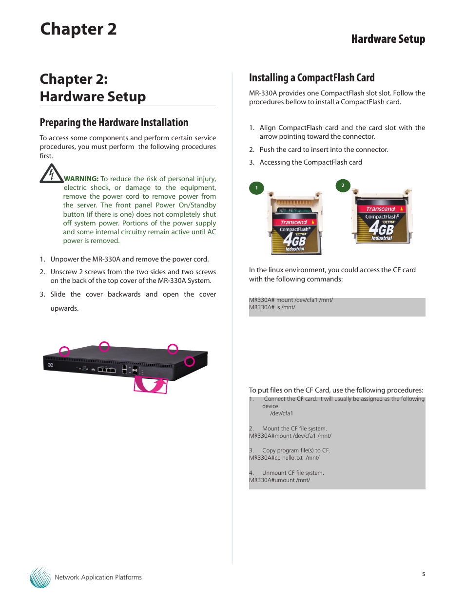 Chapter 2, Chapter 2: hardware setup, Hardware setup | Preparing the hardware installation, Installing a compactflash card | Lanner MR-330A User Manual | Page 7 / 16