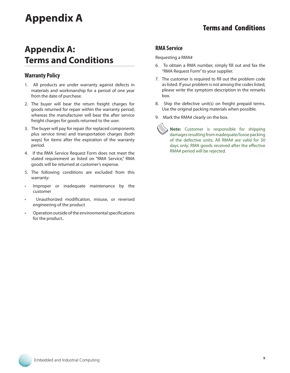Appendix a, Appendix a: terms and conditions, Terms and conditions | Warranty policy, Rma service | Lanner MR-350 User Manual | Page 11 / 12