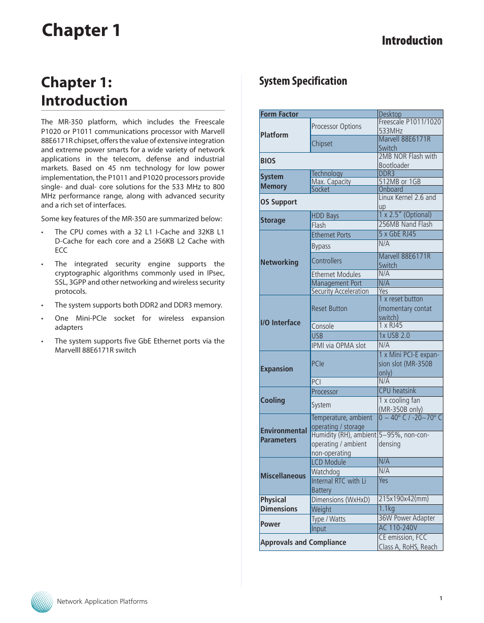 Chapter 1, Chapter 1: introduction, Introduction | System specification | Lanner MR-350 User Manual | Page 3 / 12