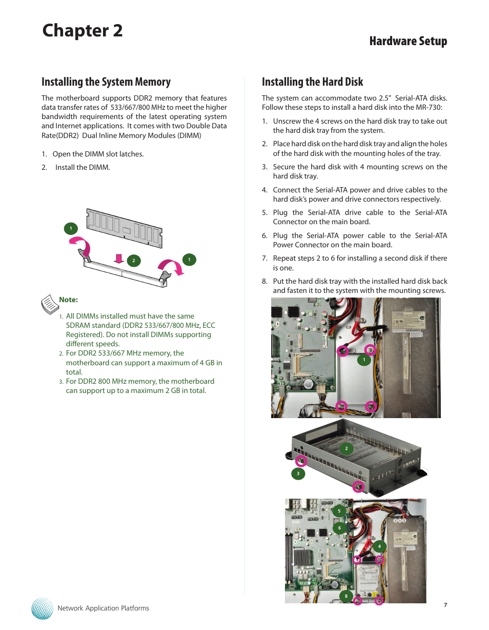 Installing the system memory, Installing the hard disk, Chapter 2 | Hardware setup | Lanner MR-730 User Manual | Page 10 / 18