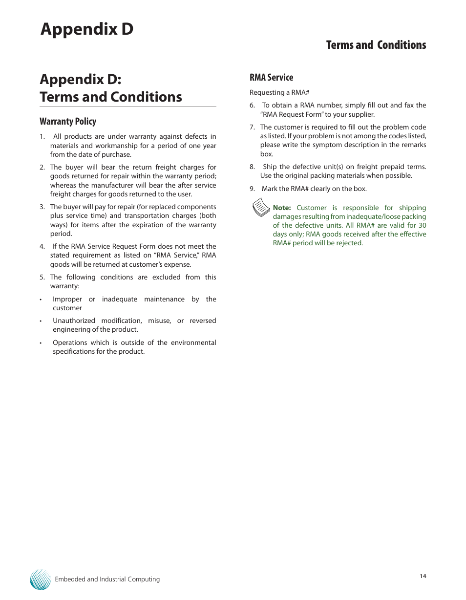 Appendix d: terms and conditions, Warranty policy, Rma service | Warranty policy rma service, Appendix d, Terms and conditions | Lanner MR-730 User Manual | Page 17 / 18