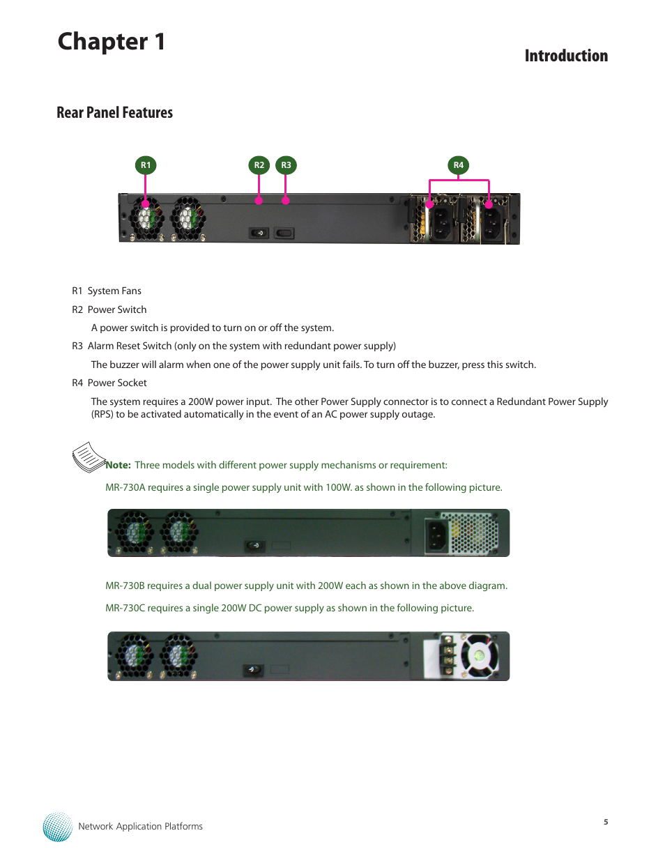 Rear panel features, Chapter 1, Introduction | Lanner MR-730 User Manual | Page 8 / 18