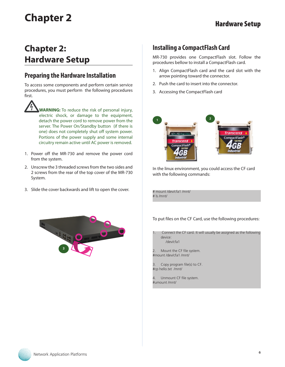 Chapter 2: hardware setup, Preparing the hardware installation, Installing a compactflash card | Chapter 2, Hardware setup | Lanner MR-730 User Manual | Page 9 / 18
