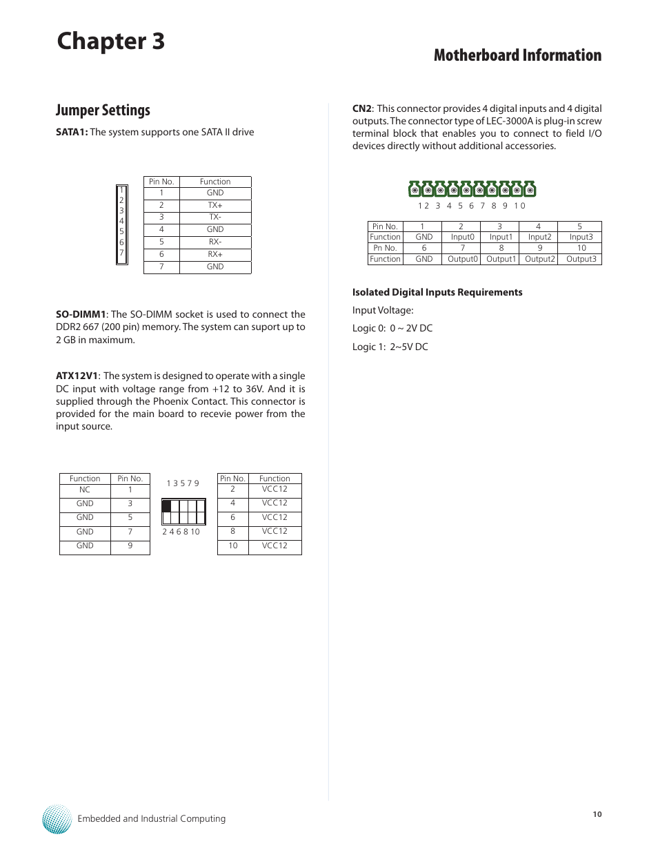 Jumper settings, Jumper settings 10, Chapter 3 | Motherboard information | Lanner LEC-3000A User Manual | Page 12 / 27