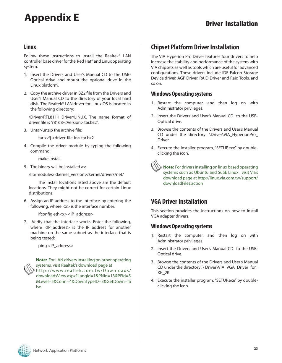 Linux, Chipset platform driver installation, Windows operating systems | Vga driver installation, Linux 23, Chipset platform driver installation 23, Windows operating systems 23, Vga driver installation 23, Appendix e, Driver installation | Lanner LEC-3000A User Manual | Page 25 / 27