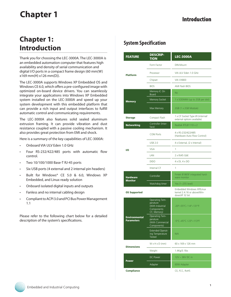 Chapter 1: introduction, System specification, System specification 1 | Chapter 1, Introduction | Lanner LEC-3000A User Manual | Page 3 / 27