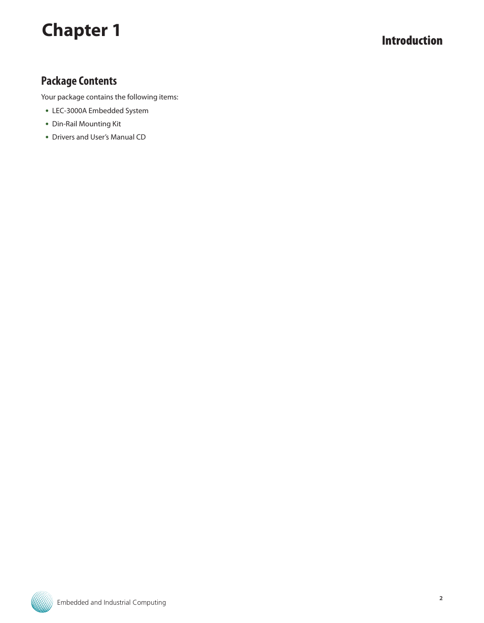 Package contents, Package contents 2, Chapter 1 | Introduction | Lanner LEC-3000A User Manual | Page 4 / 27