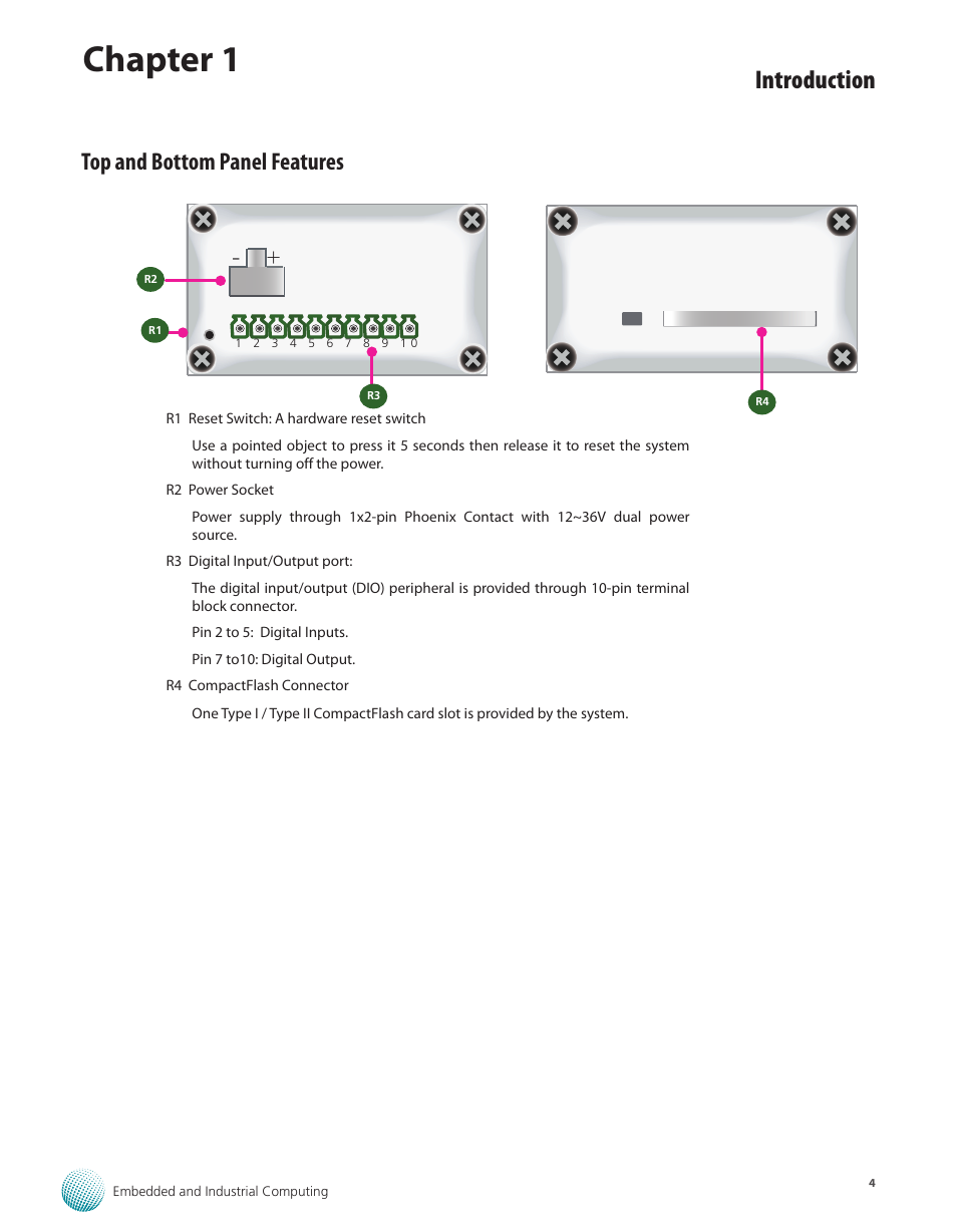 Top and bottom panel features, Top and bottom panel features 4, Chapter 1 | Introduction | Lanner LEC-3000A User Manual | Page 6 / 27