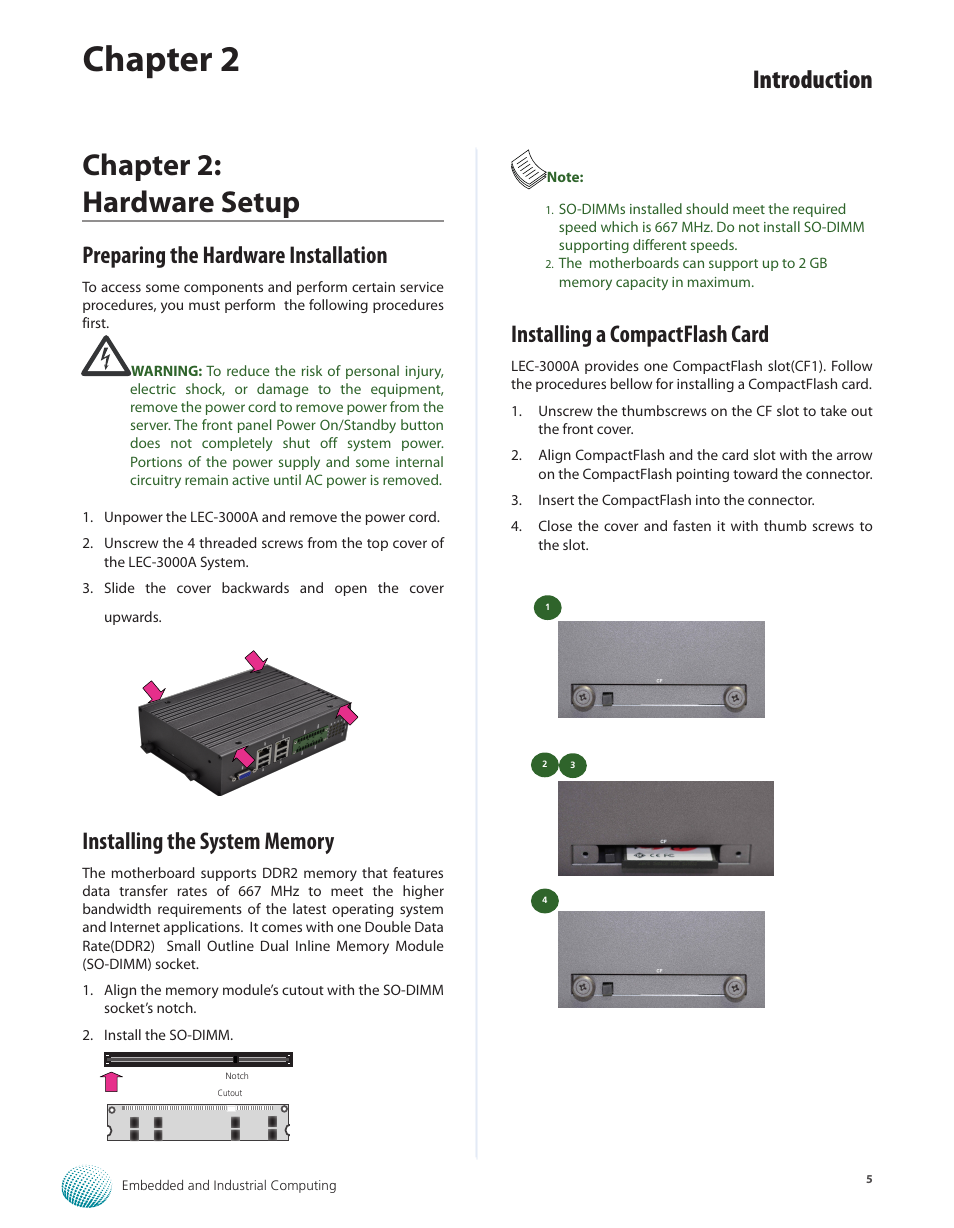 Chapter 2: hardware setup, Preparing the hardware installation, Installing the system memory | Installing a compactflash card, Chapter 2, Introduction | Lanner LEC-3000A User Manual | Page 7 / 27