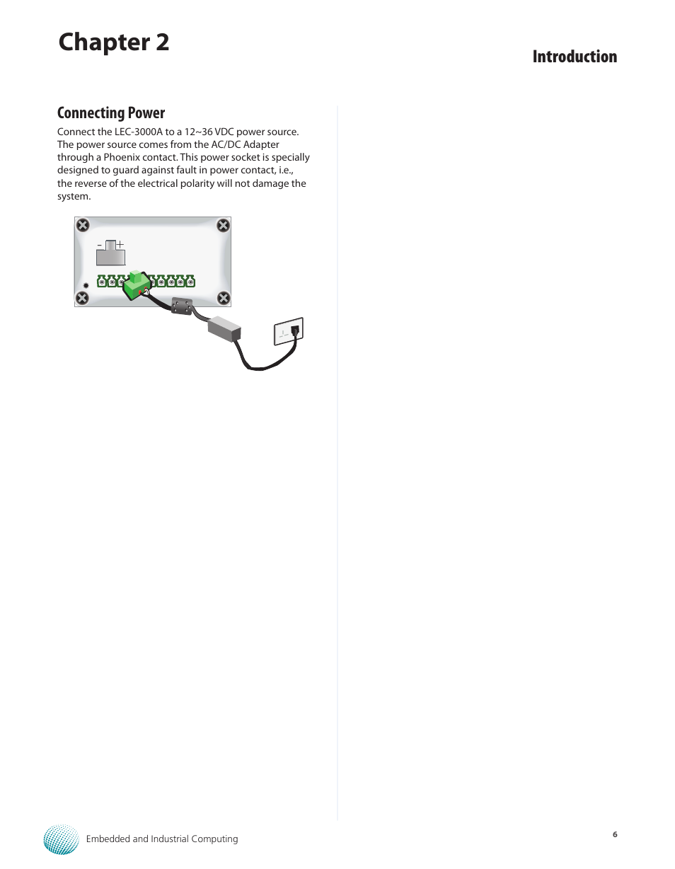 Connecting power, Connecting power 6, Chapter 2 | Introduction | Lanner LEC-3000A User Manual | Page 8 / 27