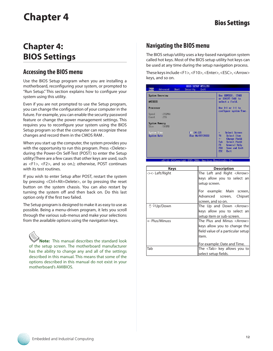 Chapter 4: bios settings, Accessing the bios menu, Navigating the bios menu | Chapter 4, Bios settings | Lanner LEC-3010 User Manual | Page 14 / 43