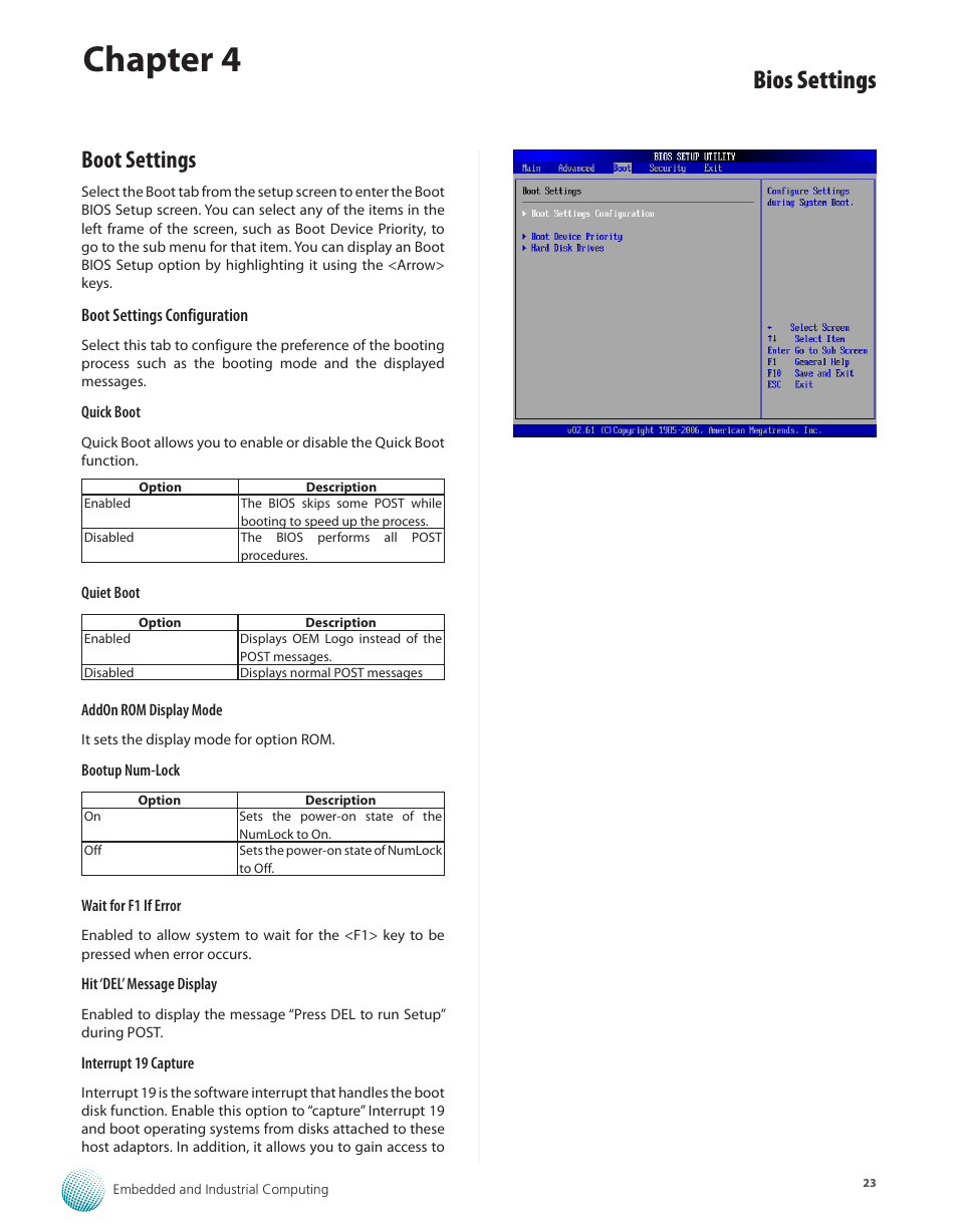 Boot settings, Boot settings 23, Chapter 4 | Bios settings | Lanner LEC-3010 User Manual | Page 25 / 43