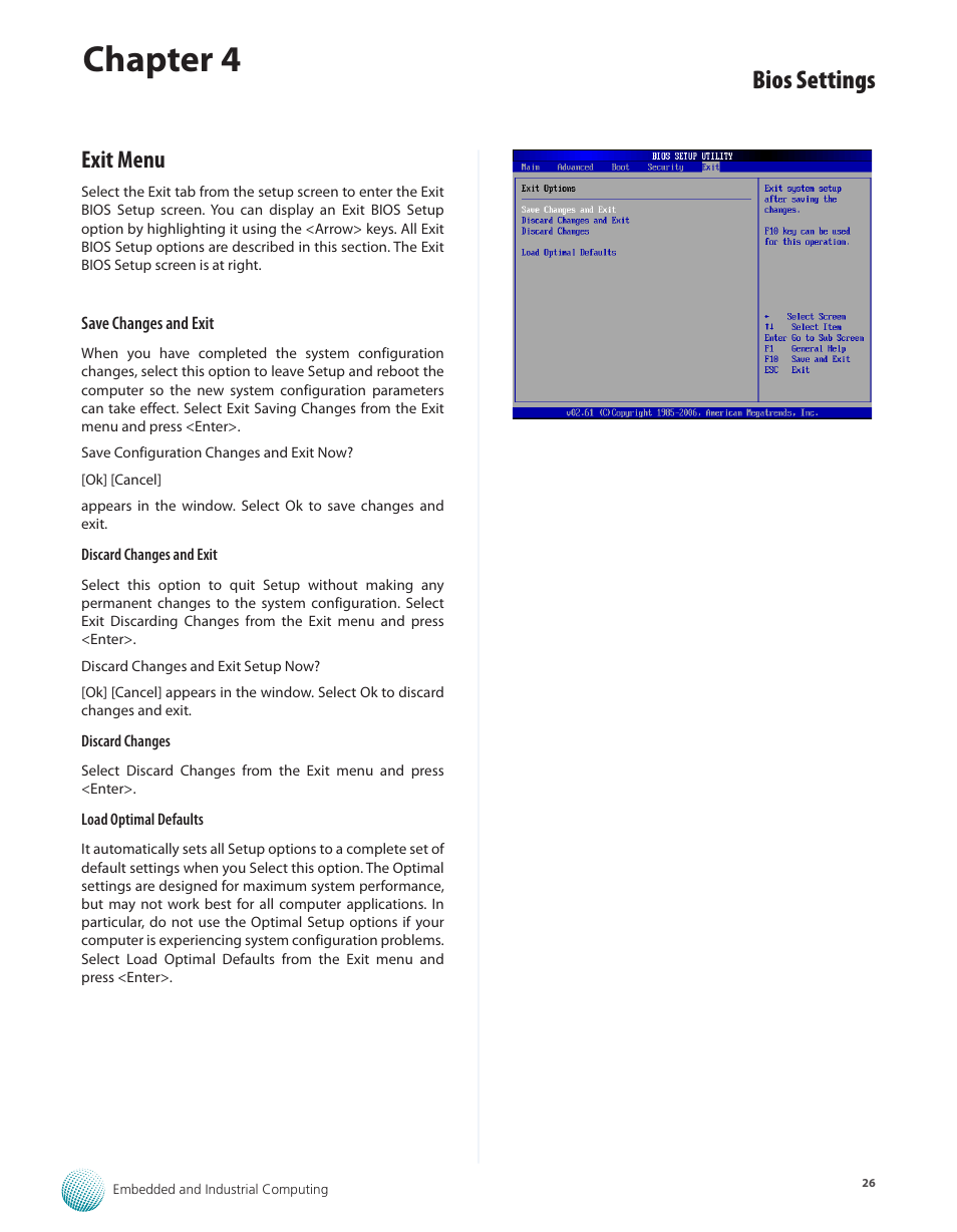 Exit menu, Exit menu 26, Chapter 4 | Bios settings | Lanner LEC-3010 User Manual | Page 28 / 43