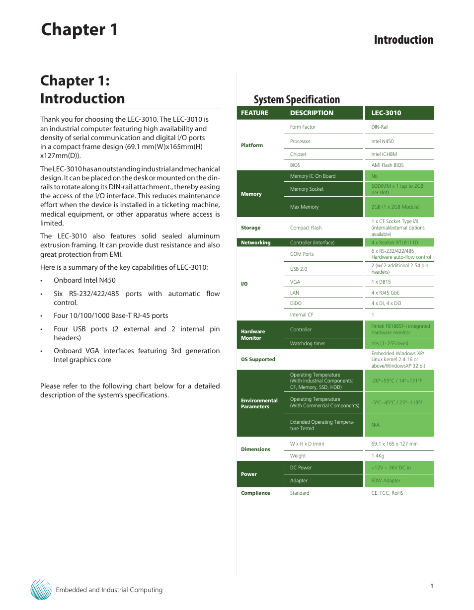 Chapter 1: introduction, System specification, System specification 1 | Chapter 1, Introduction | Lanner LEC-3010 User Manual | Page 3 / 43