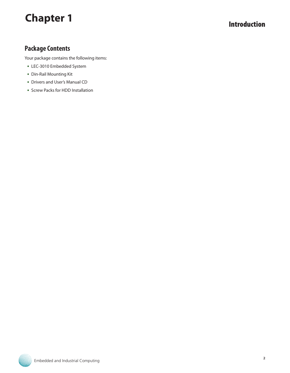 Package contents, Package contents 2, Chapter 1 | Introduction | Lanner LEC-3010 User Manual | Page 4 / 43