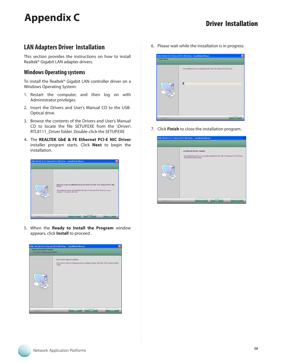 Lan adapters driver installation, Windows operating systems, Lan adapters driver installation 38 | Windows operating systems 38, Appendix c, Driver installation | Lanner LEC-3010 User Manual | Page 40 / 43