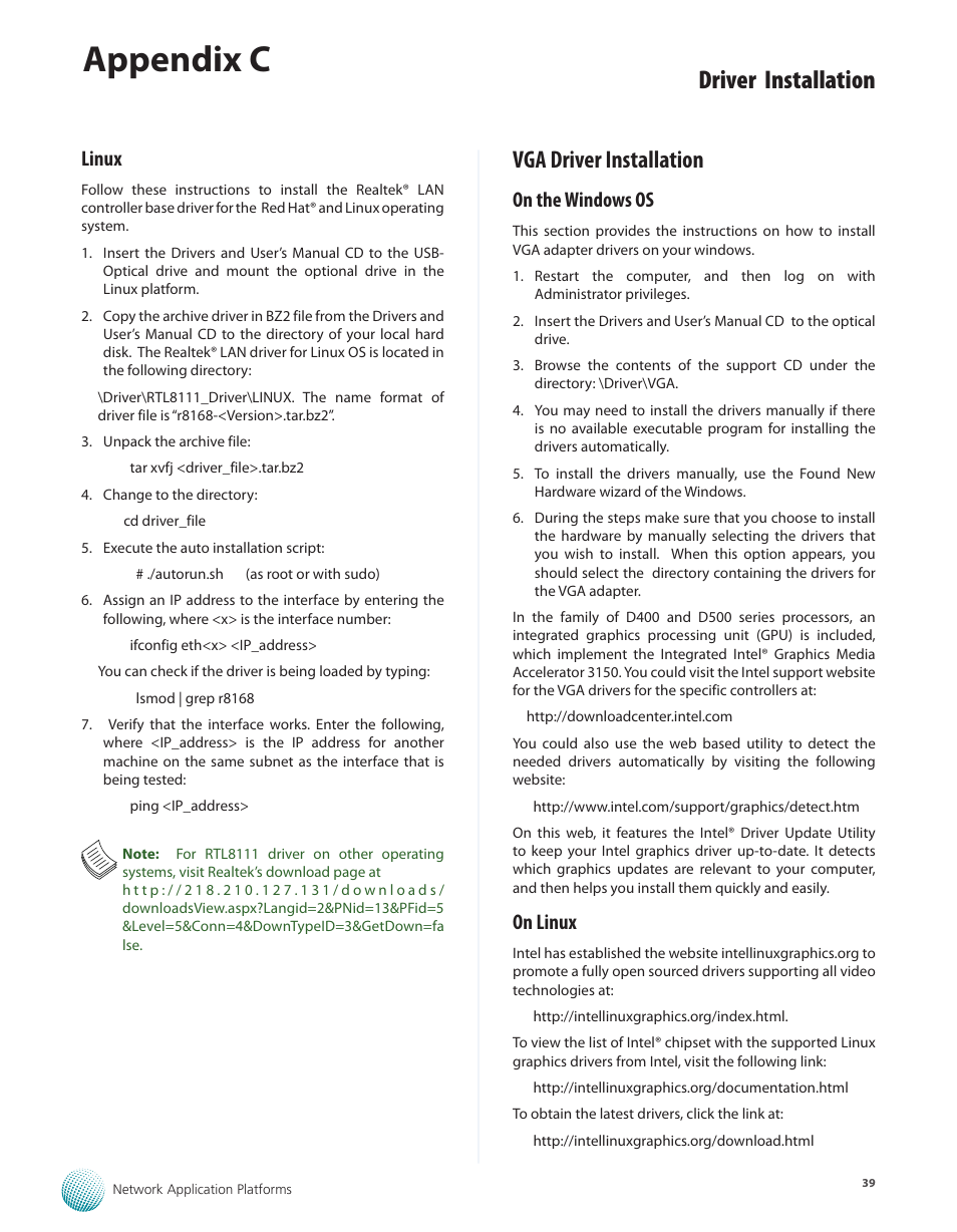 Linux, Vga driver installation, On the windows os | On linux, Linux 39, Vga driver installation 39, On the windows os 39 on linux 39, Appendix c, Driver installation | Lanner LEC-3010 User Manual | Page 41 / 43