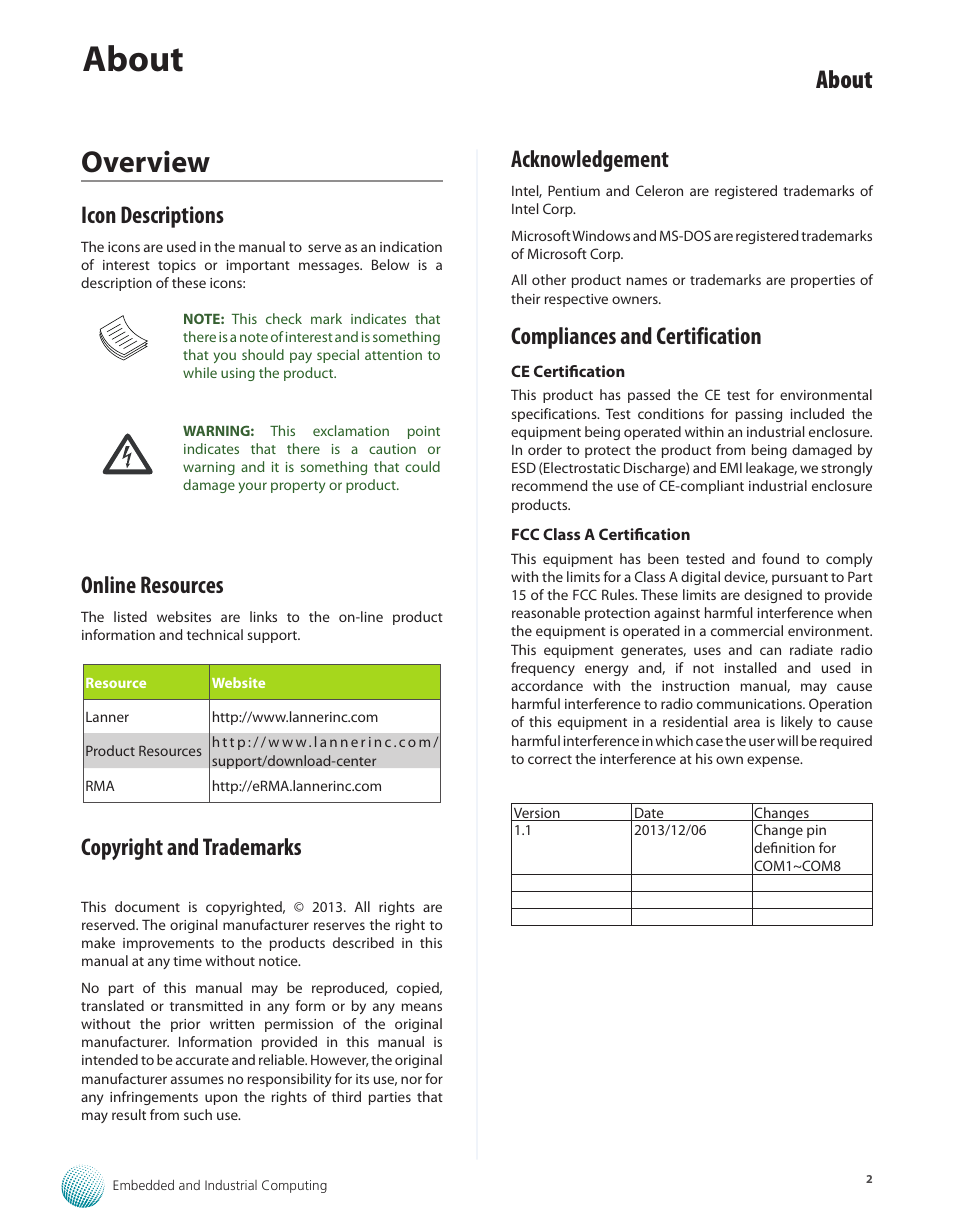 Overview, About, Icon descriptions | Online resources, Copyright and trademarks, Acknowledgement, Compliances and certification | Lanner LEC-3012 User Manual | Page 2 / 33