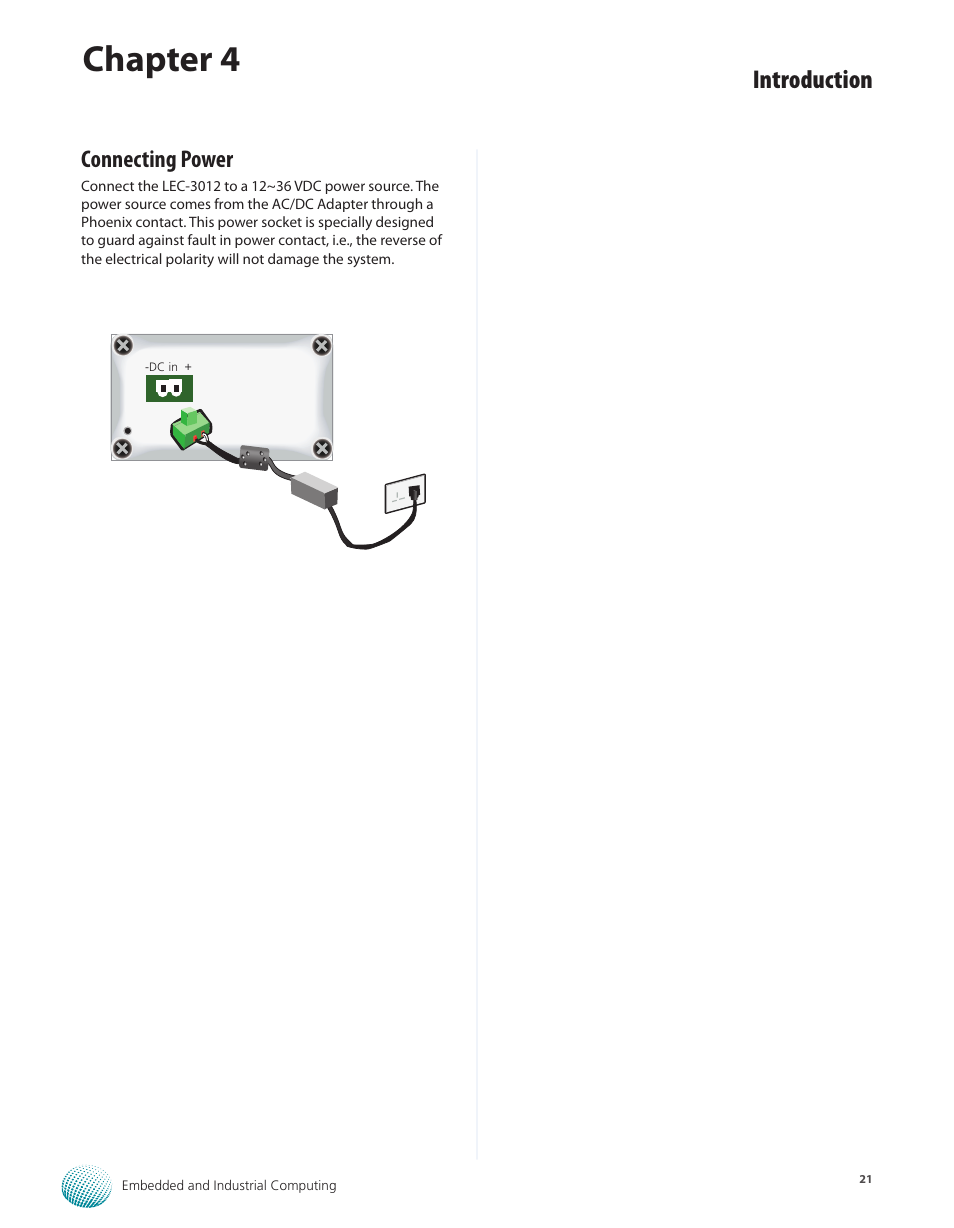 Connecting power, Chapter 4, Introduction | Lanner LEC-3012 User Manual | Page 21 / 33
