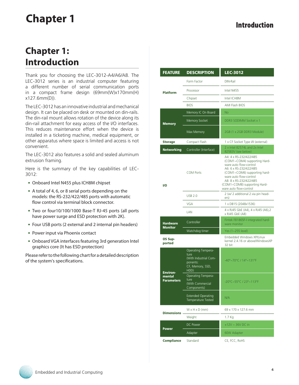 Chapter 1: introduction, System specification, Chapter 1 | Introduction | Lanner LEC-3012 User Manual | Page 4 / 33