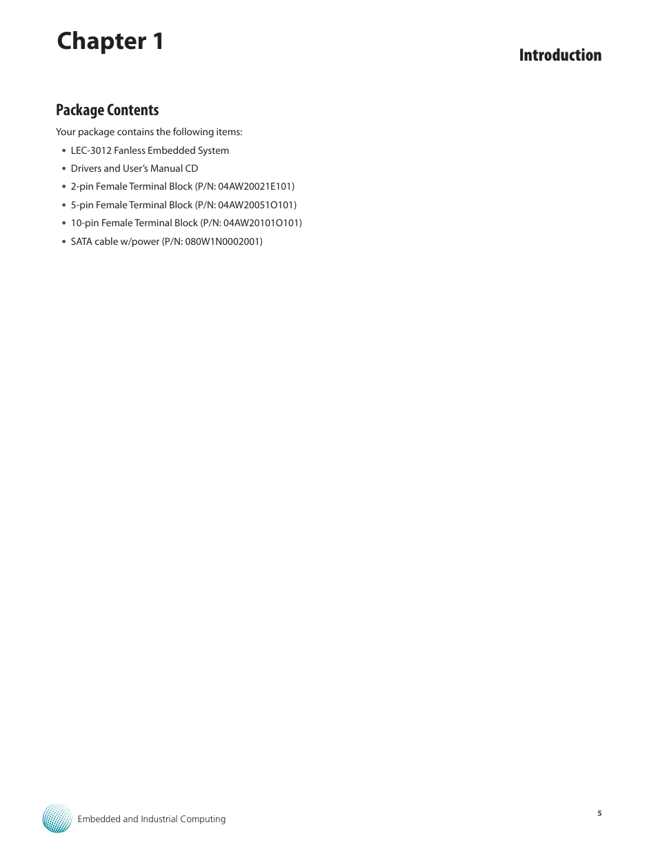 Package contents, Chapter 1, Introduction | Lanner LEC-3012 User Manual | Page 5 / 33
