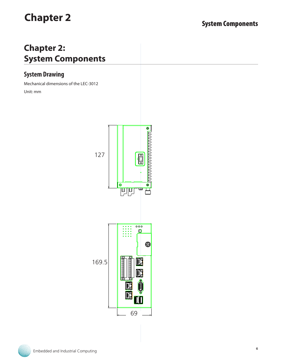 Chapter 2: system components, System drawing, Chapter 2 | System components, Sgcc, 0mm mm, None, None 2, Mechanical dimensions of the lec-3012 unit: mm, Embedded and industrial computing | Lanner LEC-3012 User Manual | Page 6 / 33
