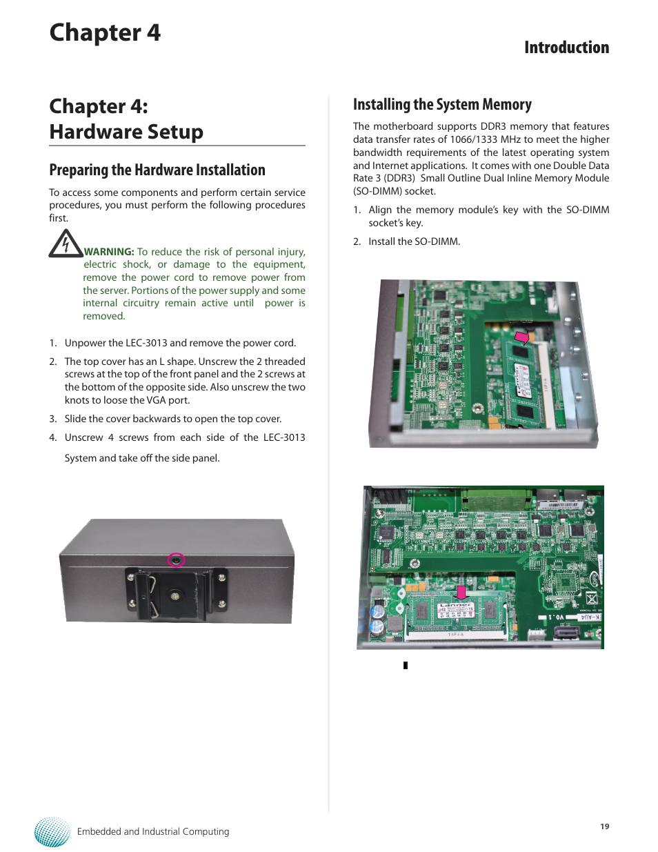 Chapter 4, Chapter 4: hardware setup, Introduction | Preparing the hardware installation | Lanner LEC-3013 User Manual | Page 19 / 26