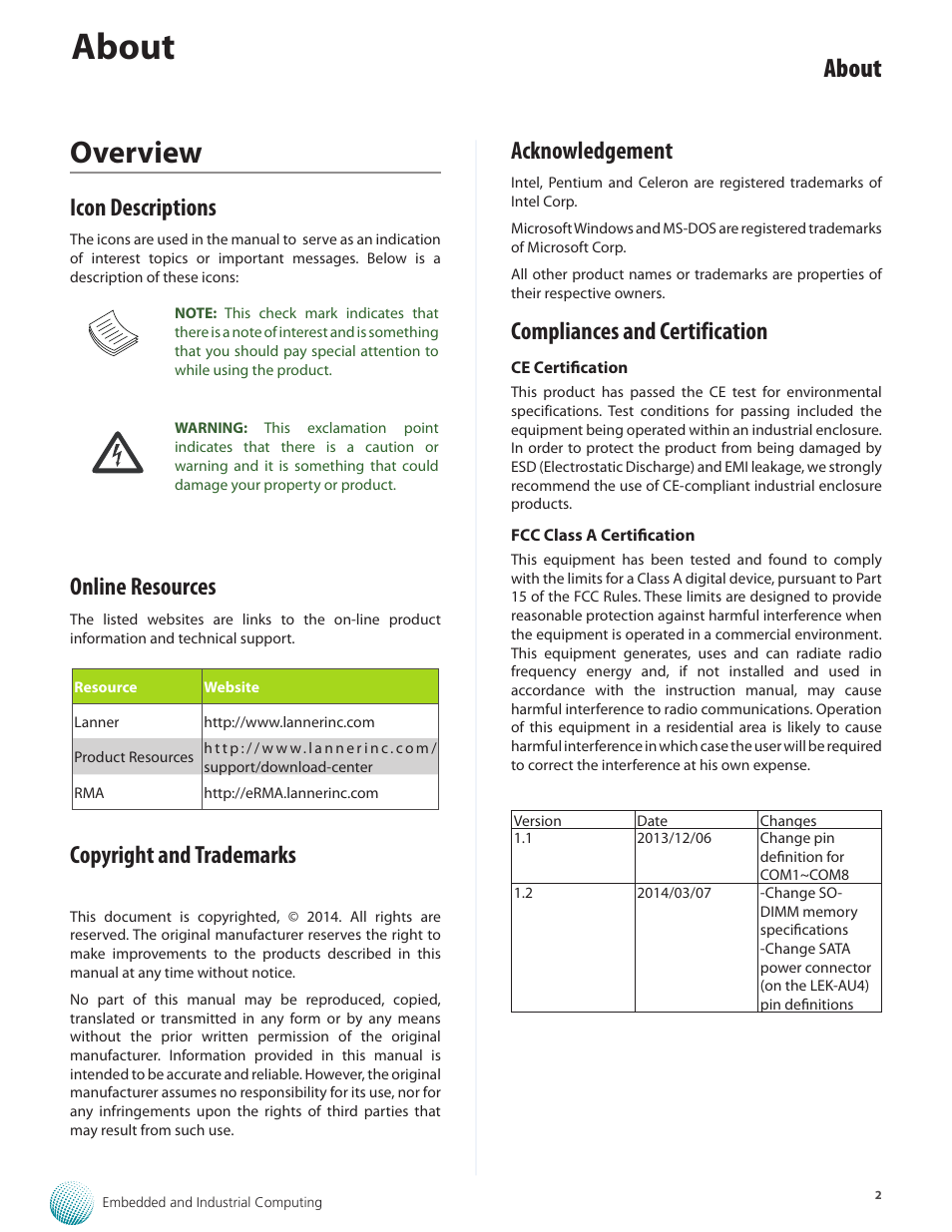 Overview, About, Icon descriptions | Online resources, Copyright and trademarks, Acknowledgement, Compliances and certification | Lanner LEC-3013 User Manual | Page 2 / 26