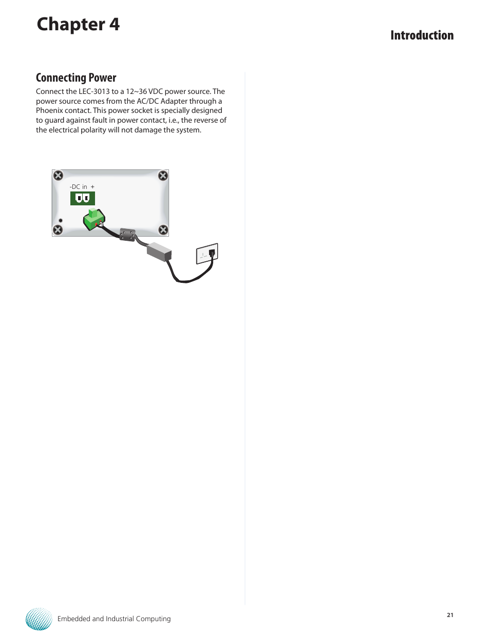 Chapter 4, Introduction, Connecting power | Lanner LEC-3013 User Manual | Page 21 / 26