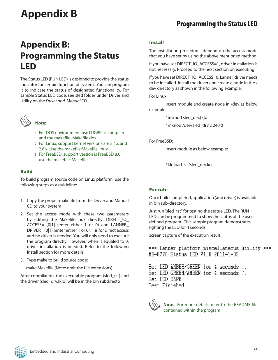 Appendix b, Appendix b: programming the status led, Programming the status led | Lanner LEC-3013 User Manual | Page 24 / 26