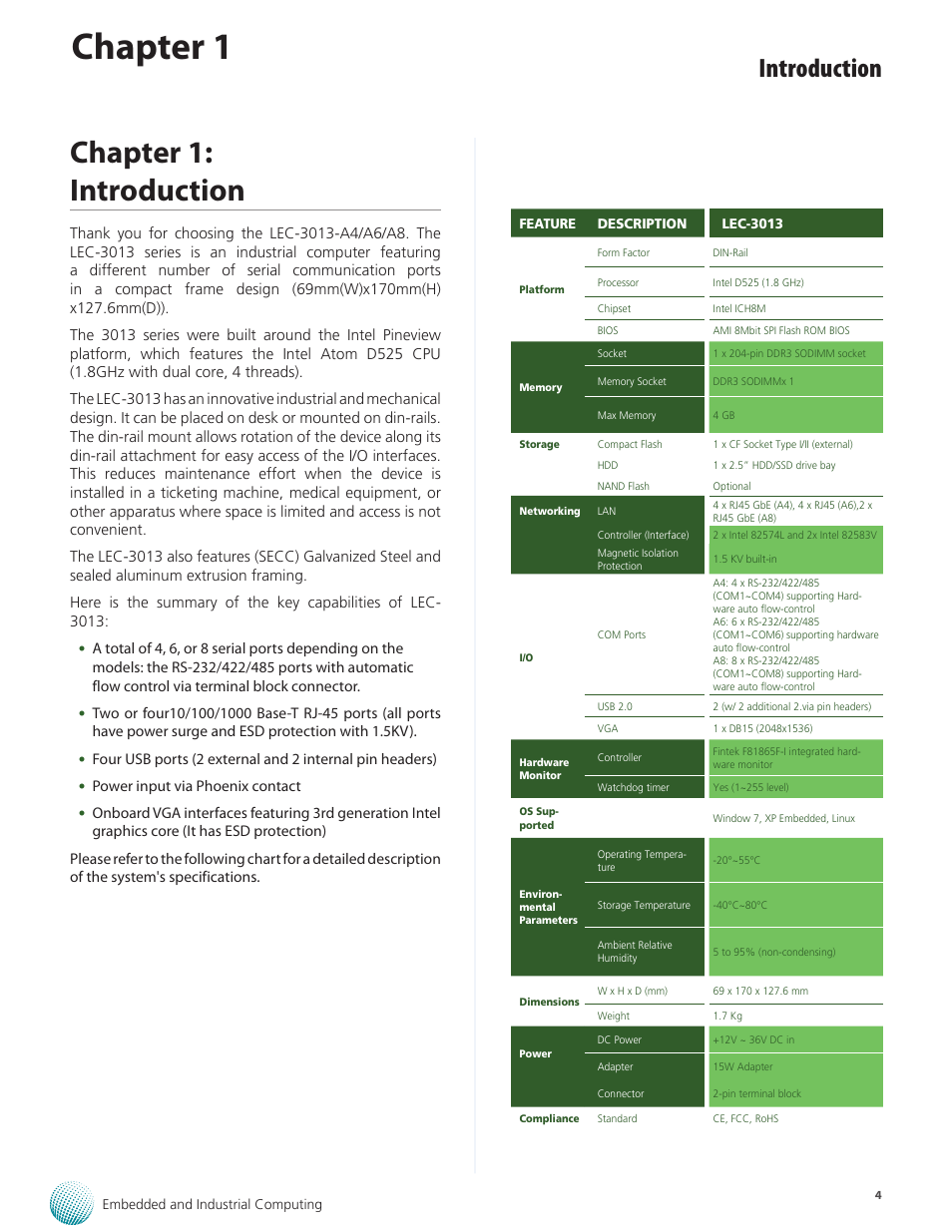 Chapter 1, Chapter 1: introduction, Introduction | System specification | Lanner LEC-3013 User Manual | Page 4 / 26