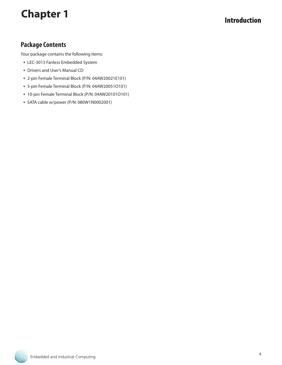 Chapter 1, Introduction, Package contents | Lanner LEC-3013 User Manual | Page 5 / 26