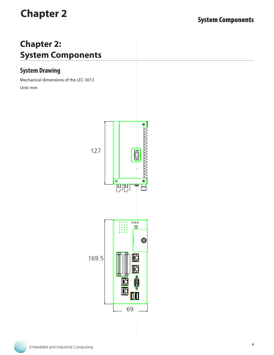 Chapter 2, Chapter 2: system components, System components | System drawing, Sgcc, 0mm mm, None, None 2, Mechanical dimensions of the lec-3013 unit: mm, Embedded and industrial computing | Lanner LEC-3013 User Manual | Page 6 / 26