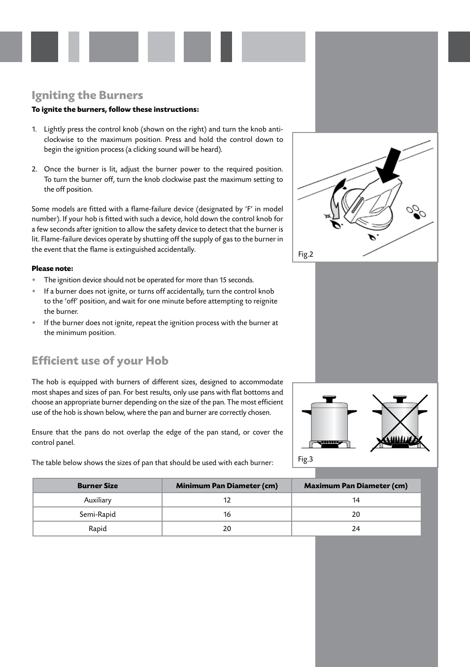 Igniting the burners, Efficient use of your hob | CDA HCG500 User Manual | Page 4 / 12