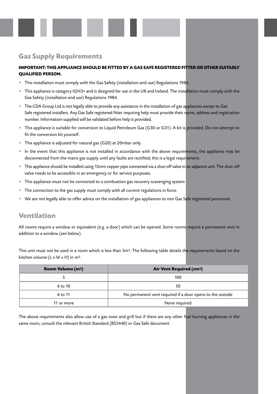 Gas supply requirements, Ventilation | CDA HCG500 User Manual | Page 7 / 12