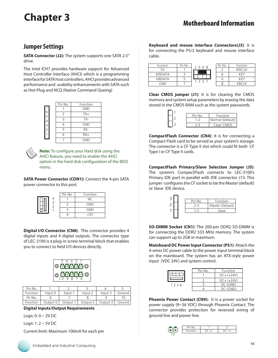 Jumper settings, Jumper settings 10, Chapter 3 | Motherboard information | Lanner LEC-3100 User Manual | Page 12 / 17