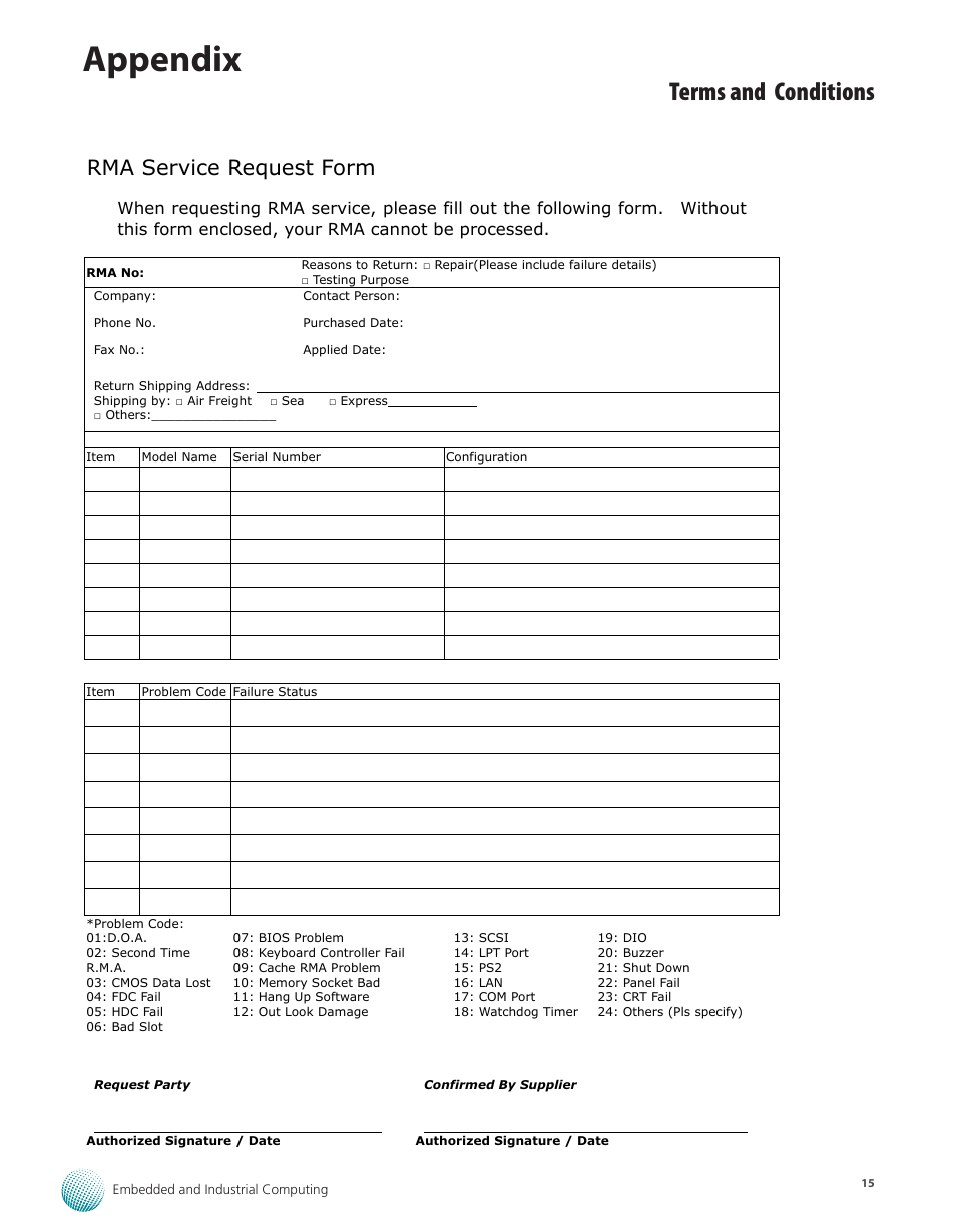 Appendix, Terms and conditions, Rma service request form | Lanner LEC-3100 User Manual | Page 17 / 17