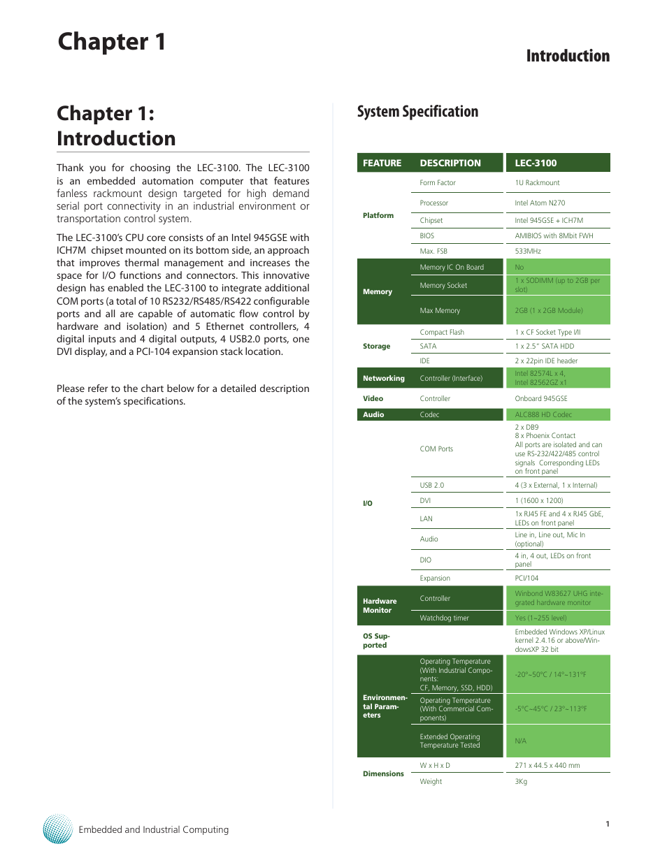 Chapter 1: introduction, System specification, System specification 1 | Chapter 1, Introduction | Lanner LEC-3100 User Manual | Page 3 / 17