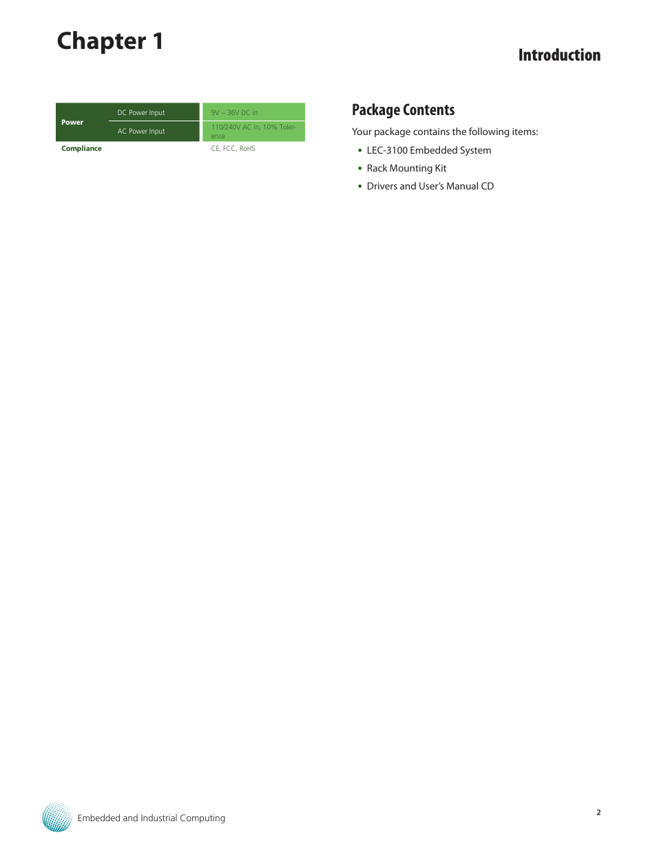 Package contents, Package contents 2, Chapter 1 | Introduction | Lanner LEC-3100 User Manual | Page 4 / 17