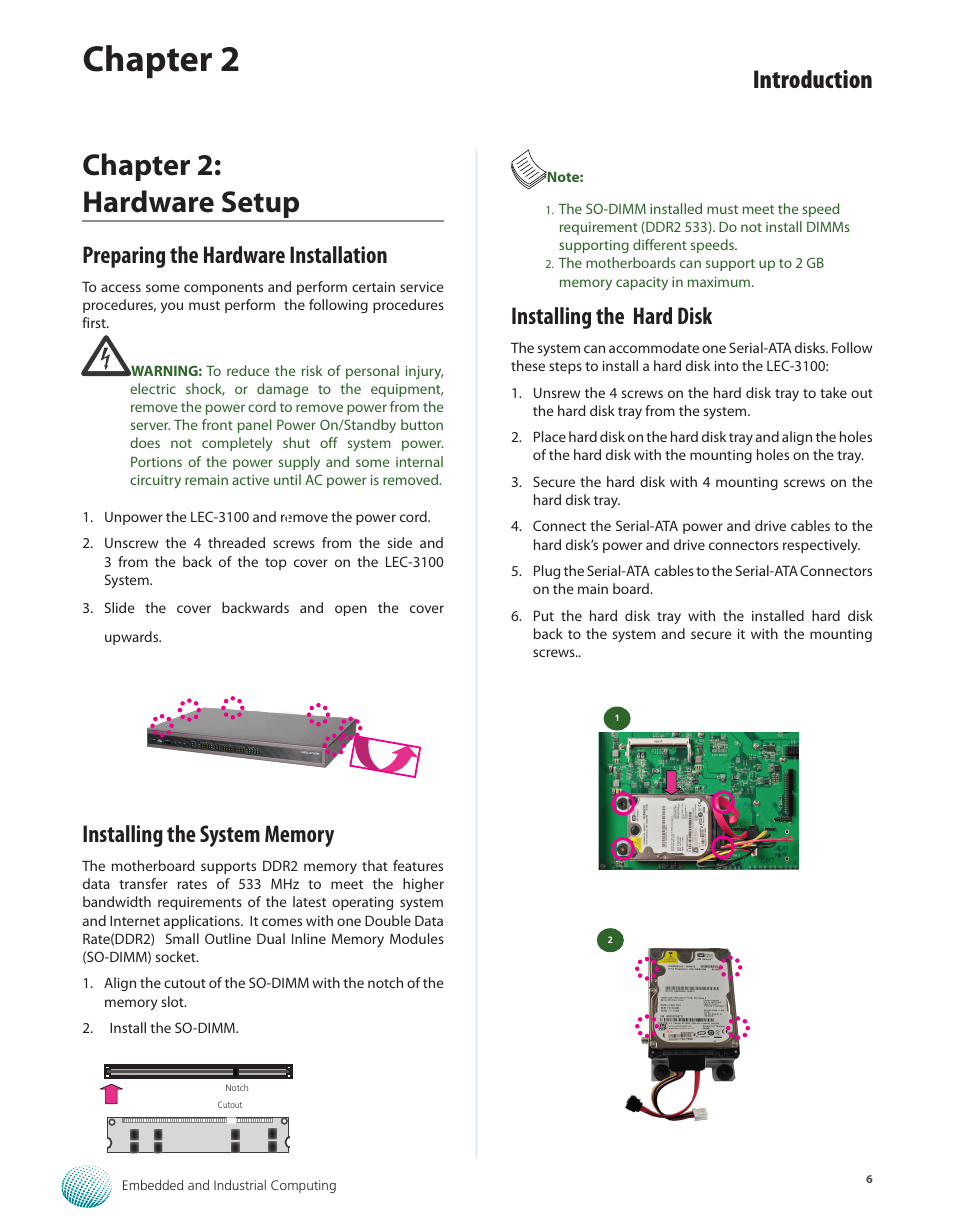 Chapter 2: hardware setup, Preparing the hardware installation, Installing the system memory | Installing the hard disk, Chapter 2, Introduction | Lanner LEC-3100 User Manual | Page 8 / 17