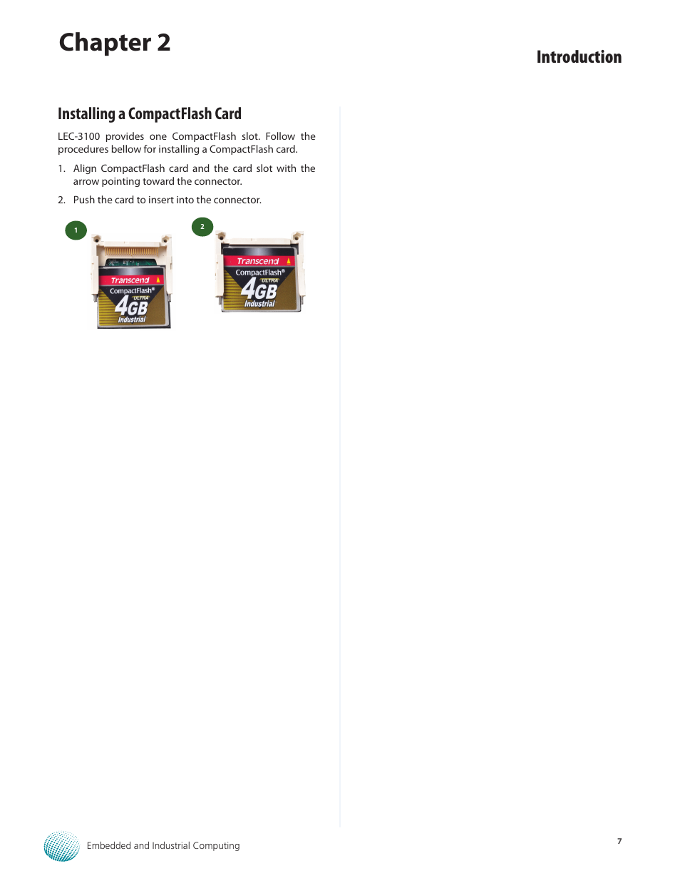 Installing a compactflash card, Installing a compactflash card 7, Chapter 2 | Introduction | Lanner LEC-3100 User Manual | Page 9 / 17