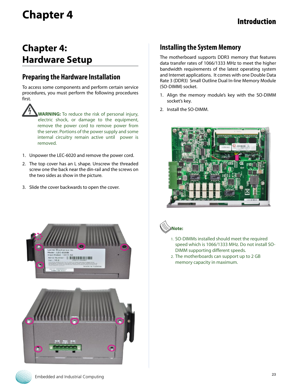 Chapter 4, Chapter 4: hardware setup, Introduction | Preparing the hardware installation | Lanner LEC-6020 User Manual | Page 23 / 25