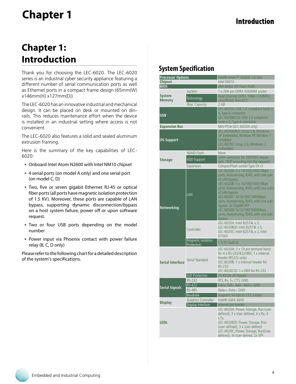 Chapter 1, Chapter 1: introduction, Introduction | System specification | Lanner LEC-6020 User Manual | Page 4 / 25