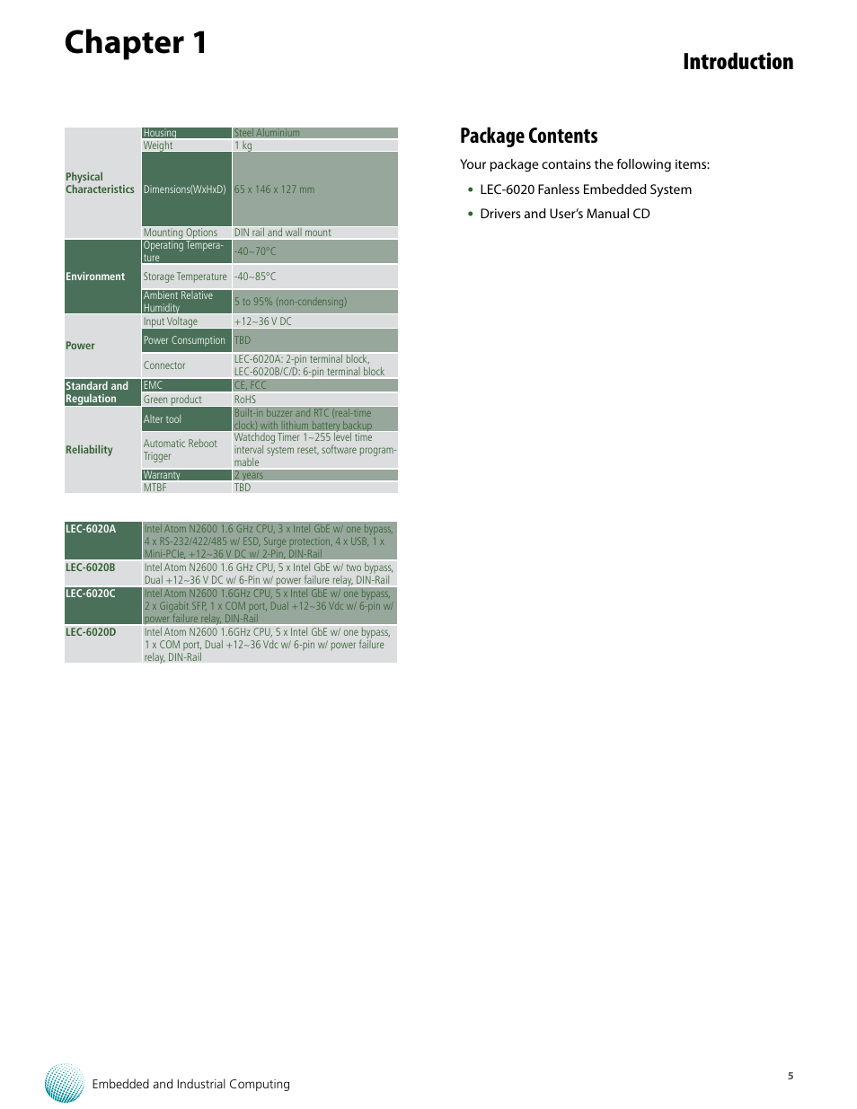 Chapter 1, Introduction, Package contents | Lanner LEC-6020 User Manual | Page 5 / 25